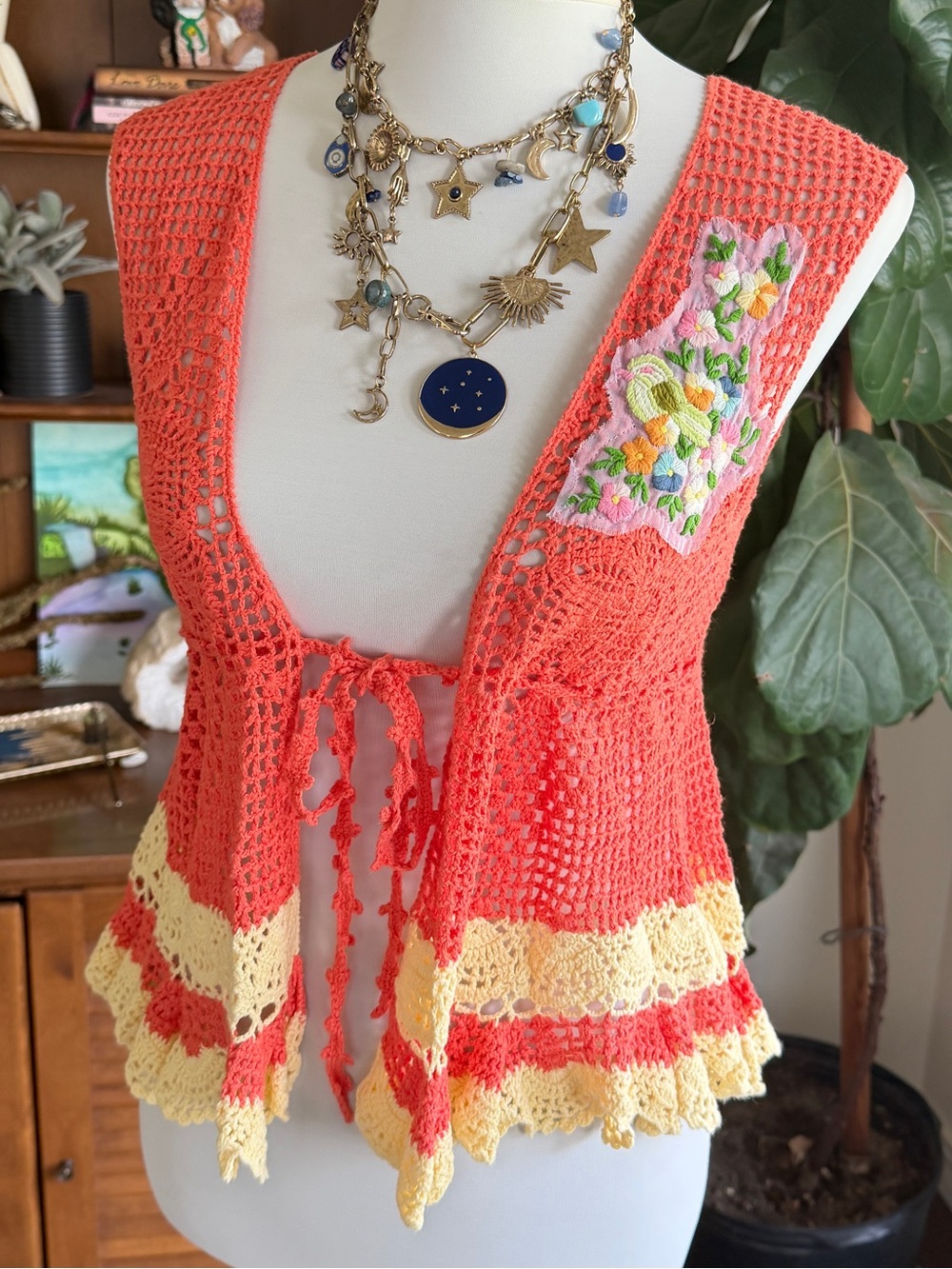 Free People Vintage Crocheted Red Tie Vest w/ Trim & Floral Embroidery M